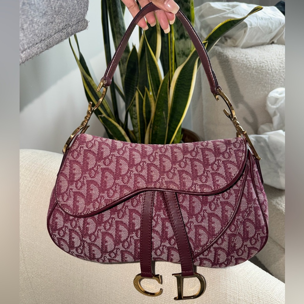 2000s Dior RARE Burgundy Vintage double saddle shoulder Canvas bag